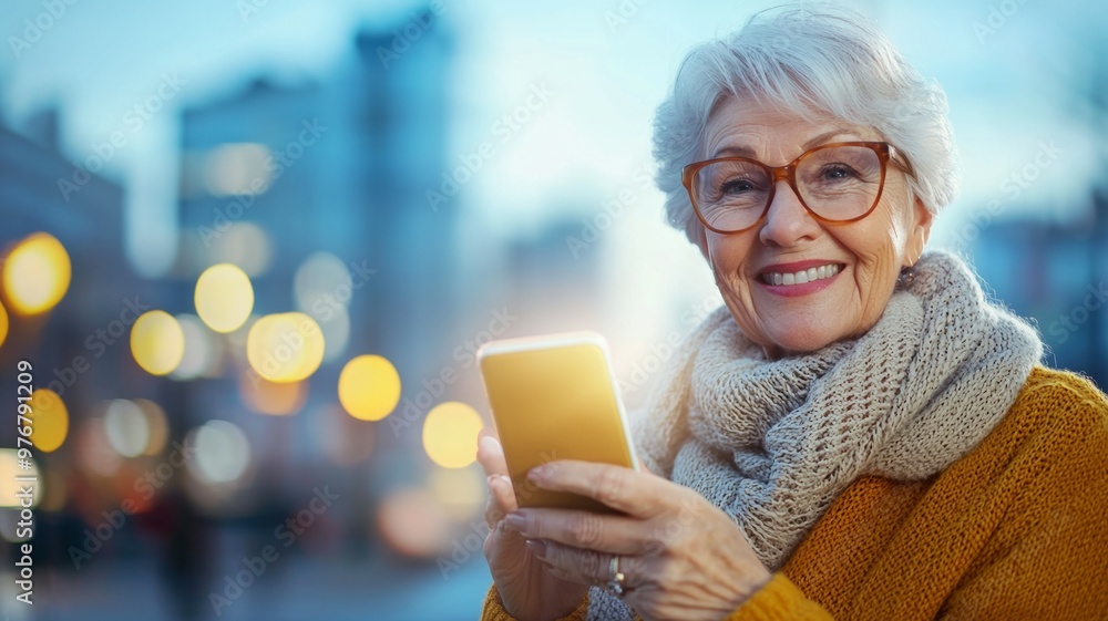 Canvas Prints A woman in a yellow sweater is smiling and holding a cell phone