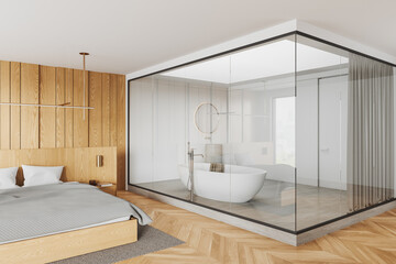 Modern hotel room with wooden accents and glass-enclosed bathtub. 3D Rendering