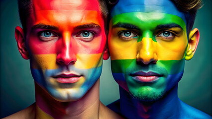 Obraz premium Vibrant stock photo of two faces blending warm and cool colors, symbolizing unity in the LGBTQ+ community, LGBTQ+