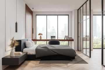 Luxury home bedroom interior with sleep and work zone, panoramic window