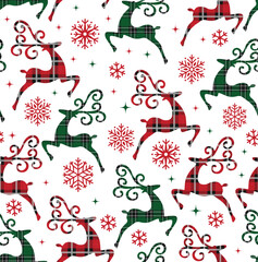 Seamless Pattern of Christmas Deer with Plaid Pattern and Snowflakes- Christmas Vector Illustration Design