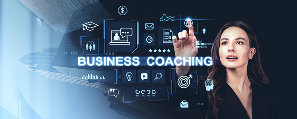 Business coaching concept with a woman touching virtual icons on