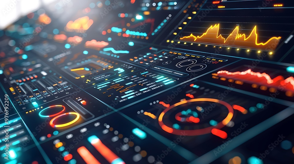 Poster the futuristic interface of the data graph is designed to look high-tech with bright colors, glowing