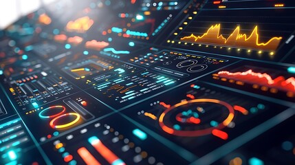 The futuristic interface of the data graph is designed to look high-tech with bright colors, glowing elements displaying graphs, charts, play buttons, information giving a sense of complexity.