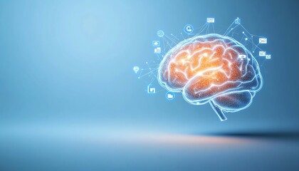 Digital brain illustration with glowing connections, symbolizing artificial intelligence, data processing, and futuristic technology concepts.