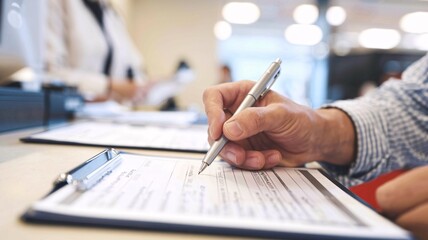 Signing a Document. In a well-lit office environment, a person is captured in the act of signing a document with a pen.