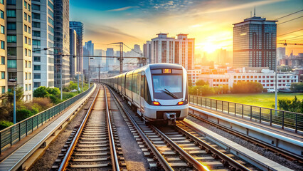 Fototapeta premium Electric train running through a city, urban, transportation, commute, railway, tracks, speed, modern, public, commute