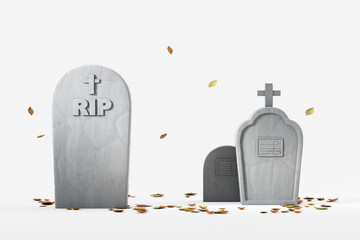 Tombstones with fallen leaves on white background. 3D Rendering