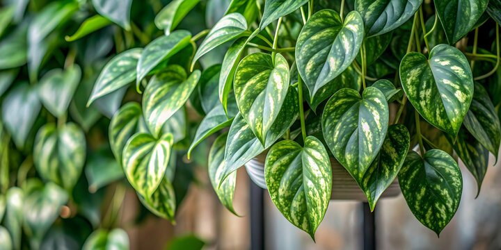Green variegated leaves of hanging scindapsus pictus exotica houseplant on background, scindapsus, pictus, exotica