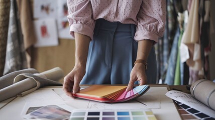  Fashion Designer Selecting Colors from Palette. Close-up of a fashion designer's hands holding a color palette, showcasing various fabric swatches and design sketches on a table in a studio.