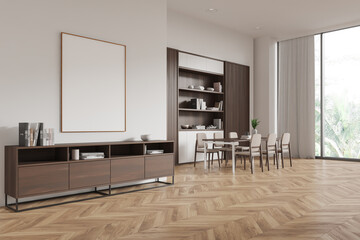 Modern home living room interior with dining table and shelf, mockup frame