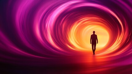Silhouette in tunnel of vibrant colors symbolizes journey, transition, future, mystery, and conceptual pathways in digital artwork.