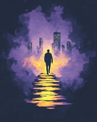 Silhouette of a man walking on a path of light towards a city with purple clouds. Artistic and moody scene.