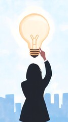 Silhouette of a person reaching for a light bulb symbolizing ideas, innovation, and creativity against a city skyline background.