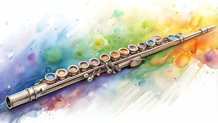Flute on white background with watercolour painting , music, instrument, artistic, elegant, classical, flute