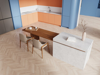 Top view of kitchen interior with bar table, cooking cabinet and fridge