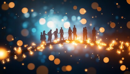 Silhouettes of people holding hands illuminated by warm glowing lights against a dark blue bokeh background, symbolizing unity and celebration.