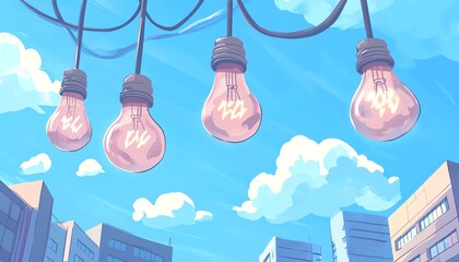 Surreal illustration of light bulbs hanging against a blue sky with clouds, blending urban and dreamlike elements. Vibrant and dreamy atmosphere.