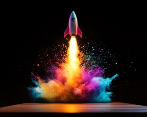 Vibrant multicolored rocket launch against black background, showcasing bursting colors and creative explosion effect.