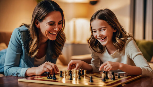 A warm and inviting scene of a mother and daughter playing a board game and laughing