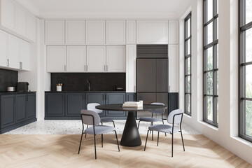 Modern kitchen interior with dining table and chairs. 3D Rendering