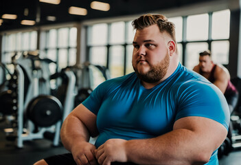 Fototapeta premium An overweight man at the gym takes a break from working out