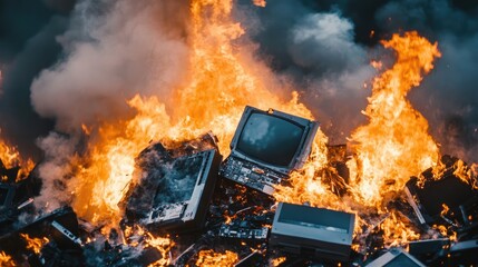 Pile of Old Computers and E-Waste on Fire, Smoke Rising into the Sky