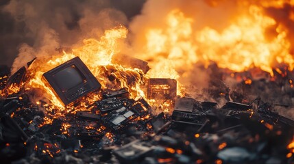 Pile of Old Computers and E-Waste on Fire, Smoke Rising into the Sky