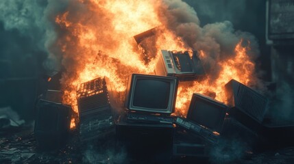 Pile of Old Computers and E-Waste on Fire, Smoke Rising into the Sky