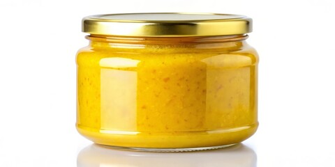 In a slender glass jar, a vibrant yellow condiment sits atop a gleaming golden lid, set against a