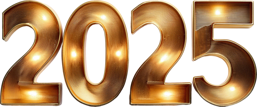 Luxurious 3D glittering and shining golden numbers for 2025. Perfect for festive designs, New Year’s projects, and elegant digital decor. Top view elegance with sparkling charm.