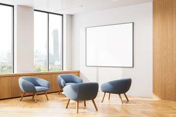 Modern office interior with blue chairs and blank poster on the wall. 3D Rendering