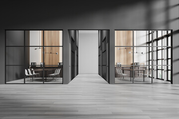 Glass meeting room interior with board and chairs, shelf with panoramic window