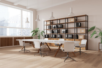 Stylish business room interior with meeting table and chairs, panoramic window