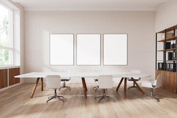 Stylish office room interior with meeting table and shelf. Mockup frames