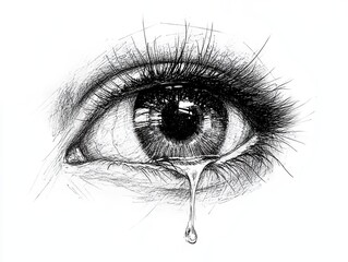 Obraz premium Black and white sketch eye with tear falling from it, Sketch tear eyes art