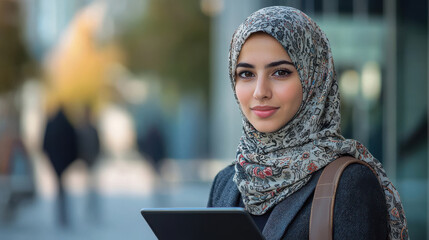young muslim woman using tablet at city street
