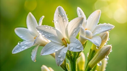 In the morning light, a white tuberose flower captures the dew's sparkle on its petals, set against a