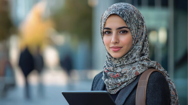 young muslim woman using tablet at city street