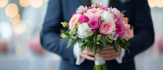 Beautiful bouquet of pink and white roses held by a person at a wedding, symbolizing love