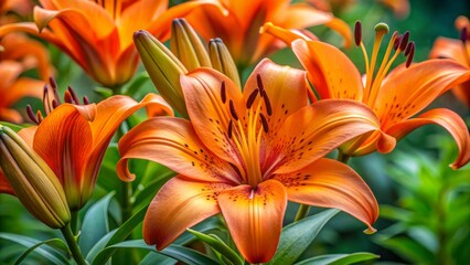 Fototapeta premium Intricately shaped flowers of vibrant orange trumpet lilies emerge amidst soft green leaves, showcasing the flower's