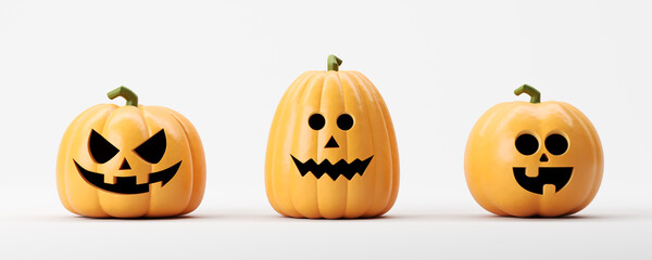 Three carved pumpkins with different facial expressions on a white background. 3D Rendering