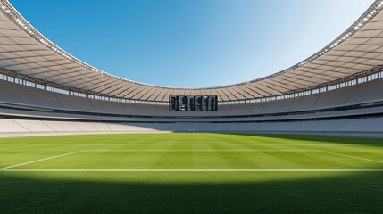 A spacious football stadium under a clear blue sky, featuring lush green grass and modern architecture, ideal for sporting events.