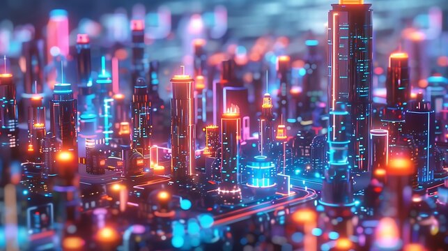 Vibrant futuristic cityscape with neon lights illuminating the skyscrapers and streets. This digitally rendered image creates a mesmerizing scene that evokes a sense of wonder and awe. - Powered by Adobe