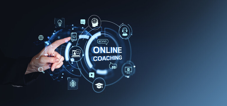 Woman finger touch online coaching icons on virtual screen. Copy space