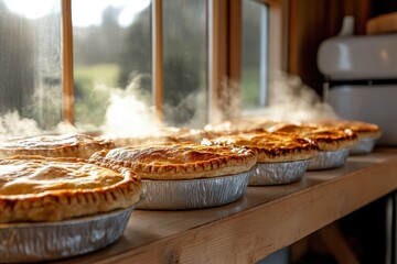Freshly Baked Pies Cooling on Windowsill with Steam
