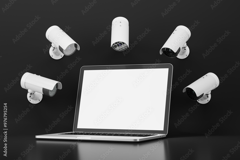 Poster multiple surveillance cameras positioned around a laptop with an empty screen on a dark background. 