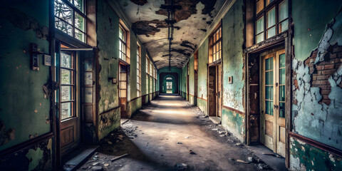 Fototapeta premium Dark, eerie hallway in abandoned building with peeling paint and broken windows, abandoned, dark, hallway, dilapidated