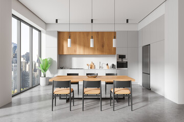 Modern kitchen interior with wooden cabinets and dining area. 3D Rendering