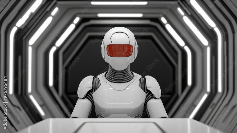 Poster robot in futuristic corridor.